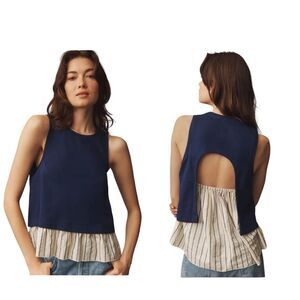 Anthropologie Navy Blue Layered Open-Back Tank Top with Striped Hem